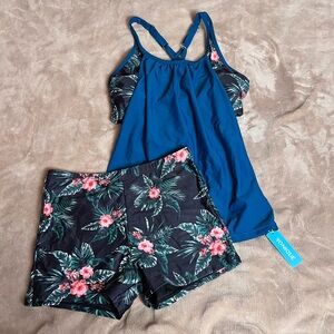 YONIQUE Blue and Black Tropical Athletic Tankini and Swim Shorts Set - Size S